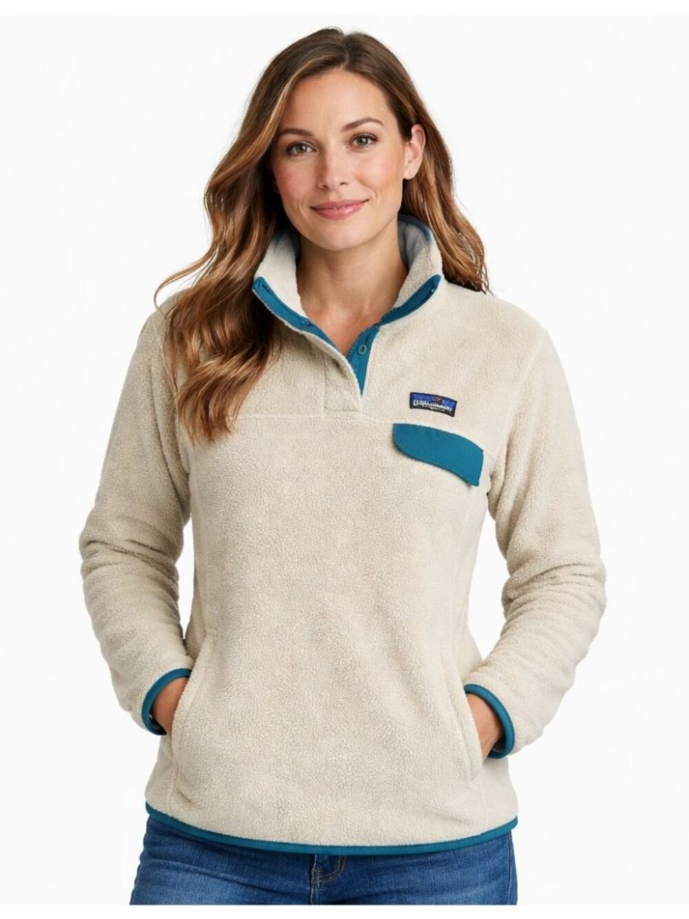 Patagonia Re-Tool Snap-T Pullover Fleece Pelican Blue Women’s M Cream